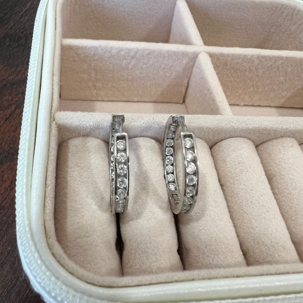 Solid 14K White Gold Hoop Earrings with High Quality Cubic Zirconia Diamonds